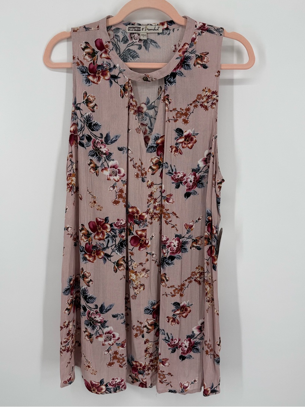 Gypsies & Moondust Boho Floral Tunic Top Choker Cutout V-Neck Sleeveless Pink L